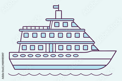 Simple illustration of a blue and white passenger ship on light blue water boat vessel