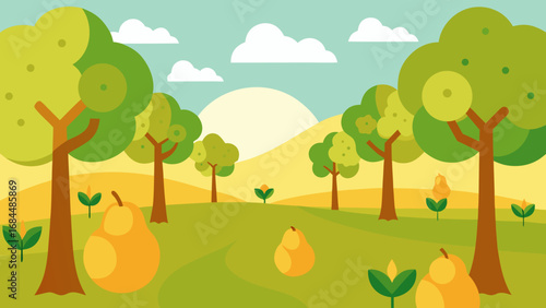 Fruitful Pear Orchard Nature Vector Drawing Presenting Abundant Harvest