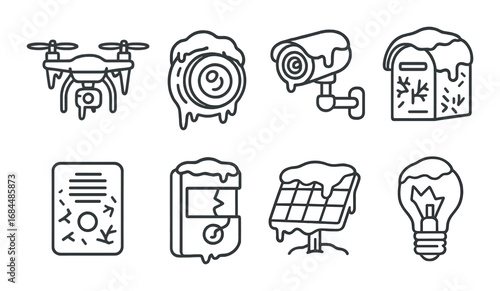 Winter-ready gadgets covered in snow featuring cameras and solar panel