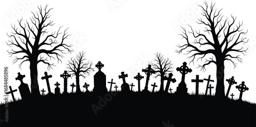 Silhouette of a spooky graveyard with tombstones and trees, perfect for halloween and gothic themed designs