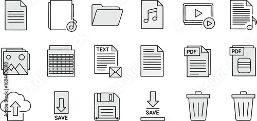 Modern digital icons for documents files media folders and data management