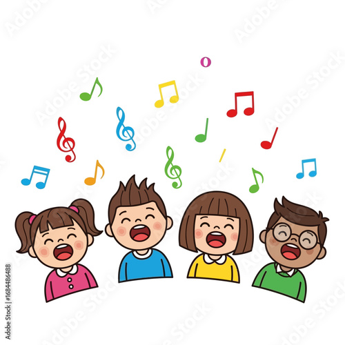 Illustrative joyful children choir singing with vibrant musical notes overhead happily