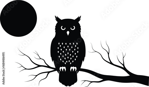 Spooky owl sitting tree branch with full moon silhouette for halloween