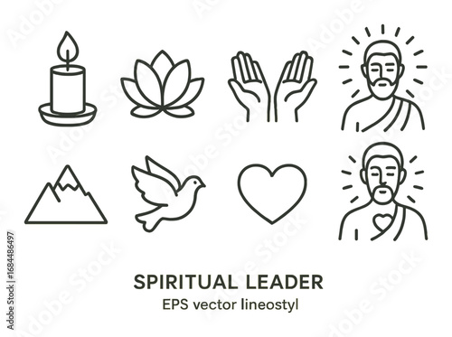 Spiritual icons: meditation, peace, and harmony symbols in line art