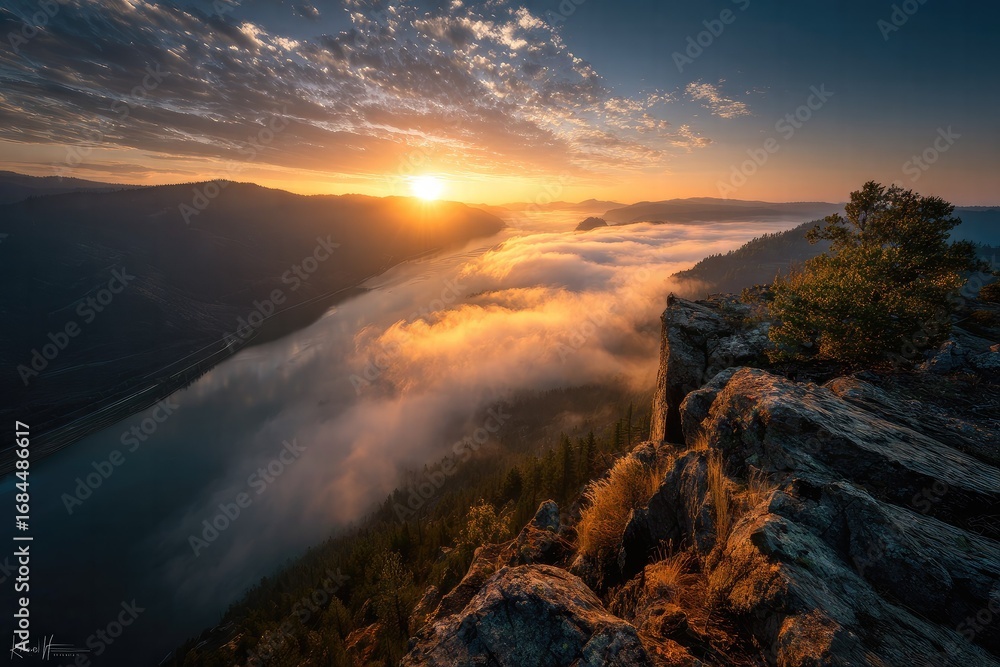 Obraz premium Sunrise over Mountain Valley with Fog and River, Scenic Landscape