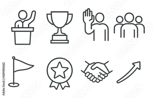 Leadership and achievement icons: trophy, handshake, medal, flag, speaker