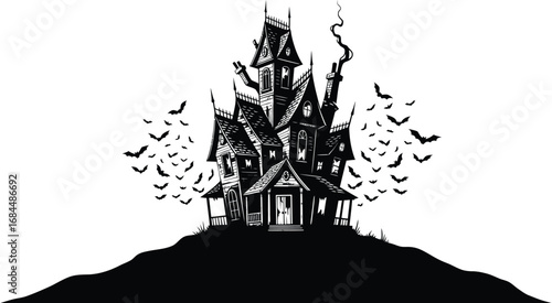 Haunted house with bats, a scary and spooky mansion with a dark and evil mystery, a vintage style building