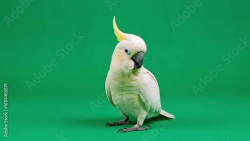Beautiful white cockatoo with a yellow crest on green screen.