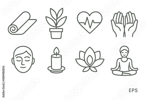Meditation and wellness symbols: yoga, nature, heartbeat, meditation, candle, lotus, hands