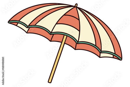 Striped beach umbrella with coral and cream panels on a white background parasol sunshade