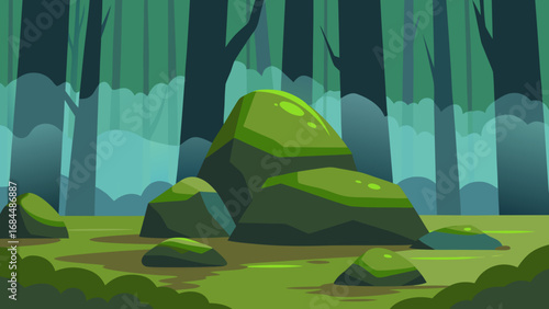 Discover Beautiful Mossy Rocks in a Damp Lush Forest Habitat Vector Illustration