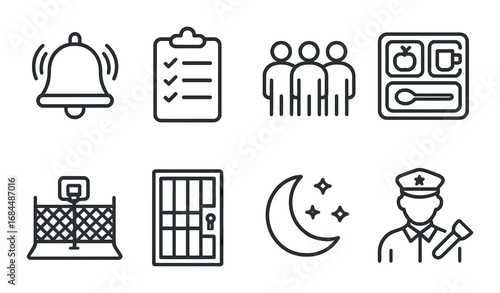 Jail icons set featuring bell, checklist, inmates, meal tray, basketball, jail cell, night, guard
