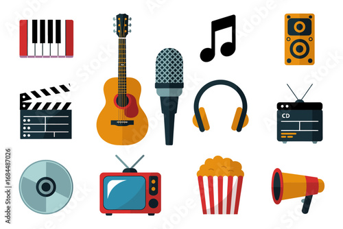 Music production broadcast icon set, guitar microphone headphones mixer speaker tv camera cd record popcorn megaphone play pause media