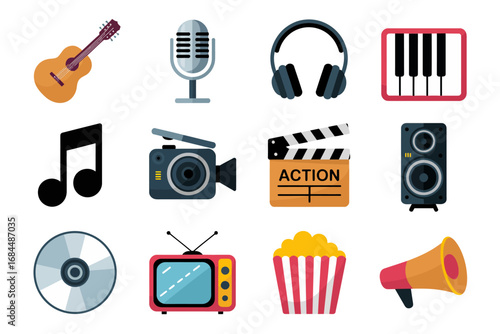 Audio visual media icon pack, camera television cd speaker music note headphones microphone popcorn film clapper megaphone recording elements