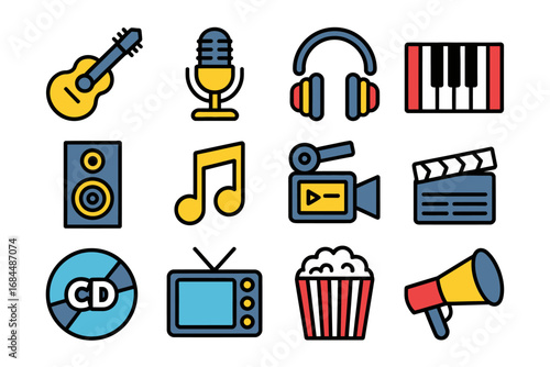 Concert entertainment icon set, guitar microphone headphones speaker tv camera cd music note popcorn clapper megaphone stage lighting audio elements