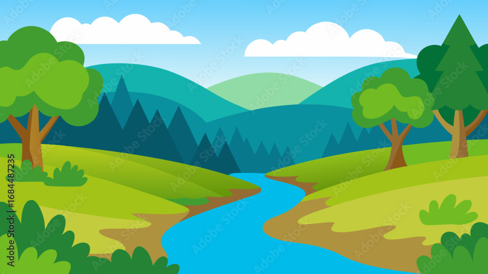 Fototapeta premium Lush River Bank Vector Nature Illustration Green Waterside Scenery