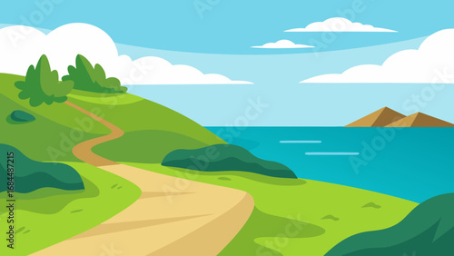 Scenic Coastal Path Vector Nature Illustration Ocean View Walkway
