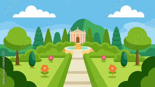Manicured English Garden Vector Nature Illustration Classic Floral Design
