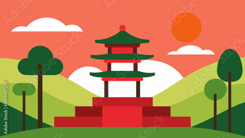 Traditional Japanese Garden Vector Nature Illustration Serene Landscape