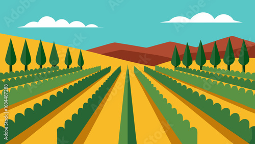 Neatly Aligned Vineyard Rows Vector Nature Illustration Rural Landscape