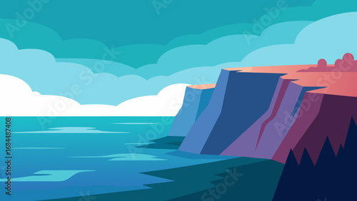 Dramatic Seascape High Cliffs Vector Nature Illustration Coastal View