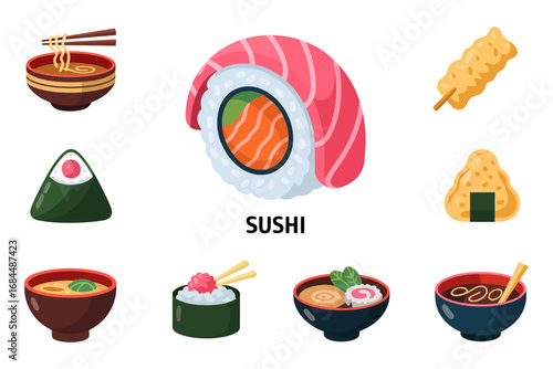 Sushi icon collection, nigiri roll sashimi temaki wasabi soy bowl chopsticks, stylized flat food glyphs for menu stickers