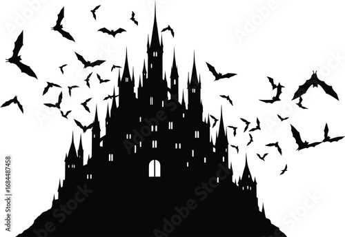 Silhouette of spooky haunted castle with bats flying around dark gothic fortress with towers and windows at night