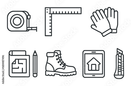 Tool set icons: tape measure, ruler, gloves, blueprints, boot, tablet, cutter