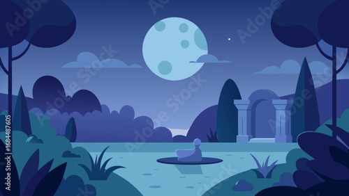 Moonlit Garden Soft Shadows Vector Nature Illustration Serene Night Scene