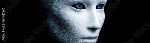 Side view of a humanoid head with colored eyes concept. A close-up of a futuristic, lifelike robot face with blue eyes.