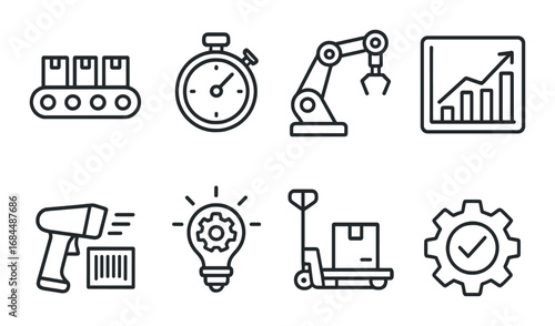 Industrial icon set with stopwatch, conveyor, robot arm, and gear symbols on dark background