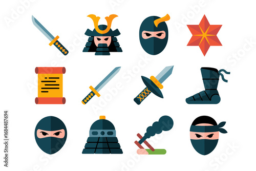 Ninja equipment glyph set, kunai dagger throwing star boot mask rope shuriken smoke pellet, combat accessories, shadow warrior icons