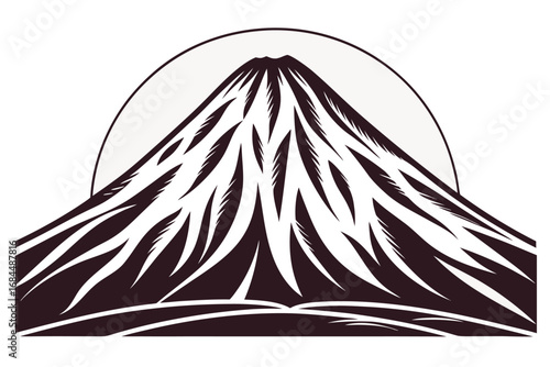 Stylized dark purple Mount Fuji with snow-capped peaks and sun Japan mountain