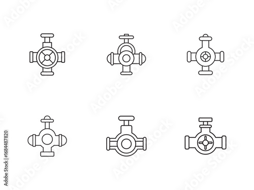 Set of Six Different Valve Icons in Linear Style for Engineering and Plumbing Applications Showcasing Precision and Functionality