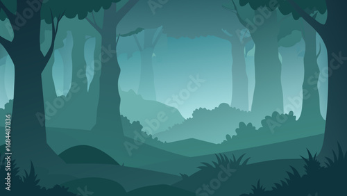 Dense Fog Ancient Woodland Vector Nature Illustration Eerie Forest Scene