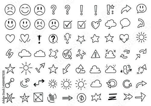 Collection of hand drawn vector icons featuring emojis symbols and miscellaneous graphics for design projects