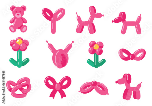 Collection of whimsical pink balloon animals and decorations for celebrations and parties