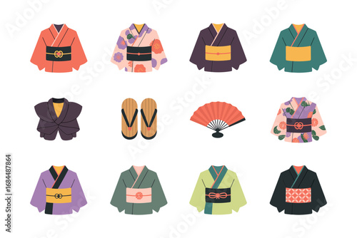 Japanese kimono vector pack, floral yukata robes obi sash sleeves patterns, colorful garment stickers for textile print and stationery