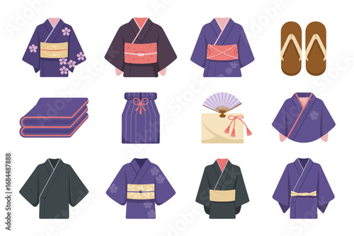 Traditional kimono clothing icons, folded robes obi belts, geta sandals, folding fan, hairpin accessory, layered robe variations, cultural garment pack