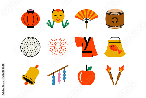 Traditional festival motif set, red lanterns masks drums fans fireworks, ceremonial bell, decorative rope, lucky charm icons for event design