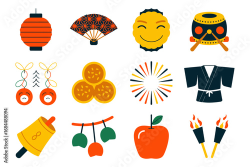Festival decoration icon pack, lantern fan drum mask symbols, celebratory pine flowers, rice cake, firework burst, seasonal ornament vector elements