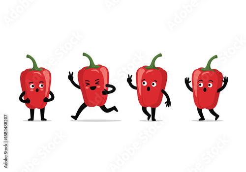Happy cartoon red bell peppers characters with fun expressions and dancing poses