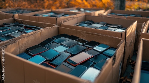 Cardboard box brimming with used smartphones sits outdoors. Surrounding boxes also contain more phones. The area is large and open, creating an expansive feel, revealing a multitude of devices.