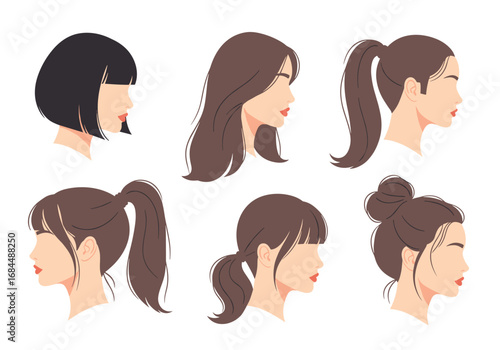 Collection of diverse female hairstyles showcasing various buns ponytails and short cuts