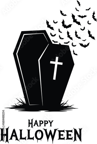 Spooky halloween coffin with bats, perfect for holiday themes, haunted houses, and eerie celebrations, vector illustration