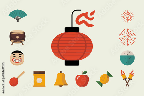 Matsuri celebration glyph set, small food stall icons, grilled skewer lantern drinks, fan badge, festival snacks, evening night market vectors