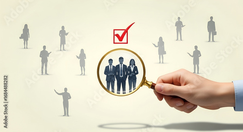 Hand holding magnifying glass, focuses on selected candidates, with check mark, for recruitment and hiring process