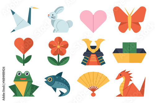 Origami kids craft sticker set, frog rabbit heart butterfly samurai helmet dragon fan fish, festive paper folding icons, flat vectors