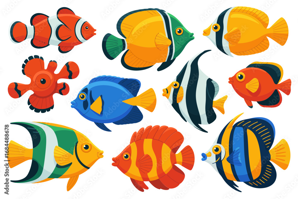 Naklejka premium Tropical reef fish vector set, vivid clownfish angelfish butterflyfish tang, coral reef accents, colorful marine animal illustrations, playful underwater icons