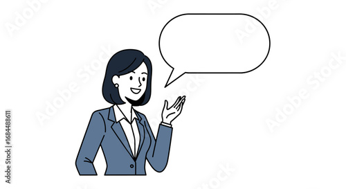 Illustrated professional woman with speech bubble communicating an idea or proposition